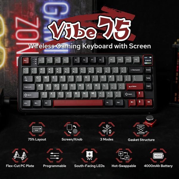 Беспроводная механическая клавиатура MechLands Vibe75 V2 чёрная 75% RGB Hot-Swap с дисплеем Bluetooth 2111394217 фото